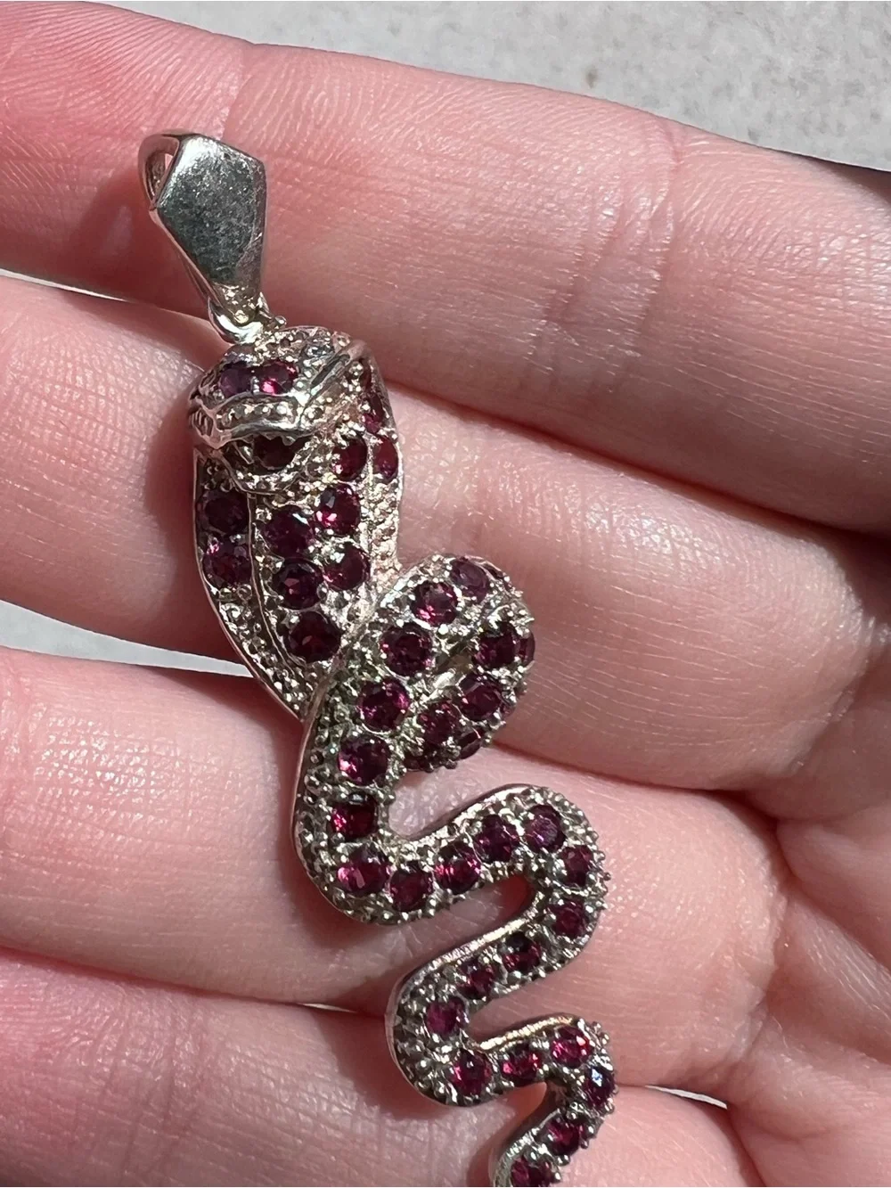 925 Sterling Silver Pave Gemstone Snake Pendant 2.5” Pink Stones
